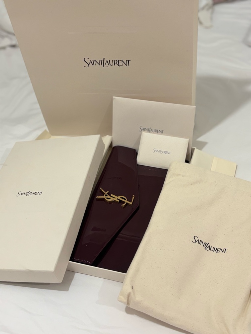Yves Saint Laurent Burgundy Patent Leather Envelope Wallet with Gold YSL Logo